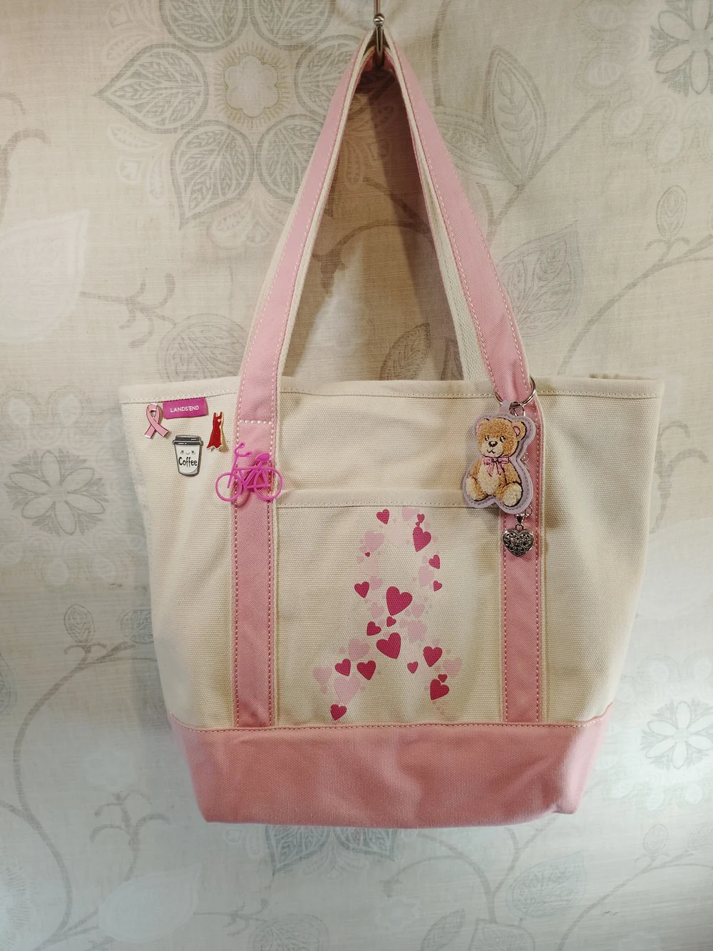 Lands' End Cream and Pink Shoulder Tote Bag with  Charms &Heart Ribbon Motif
